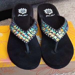 Yellow Box Black Sandals with Multicolor Accents